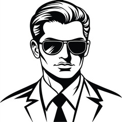 Stylish monochrome man in a suit confidently sports sunglasses and neat hair