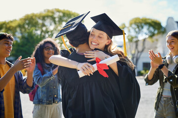 Friends hugging and celebrating during graduation ceremony