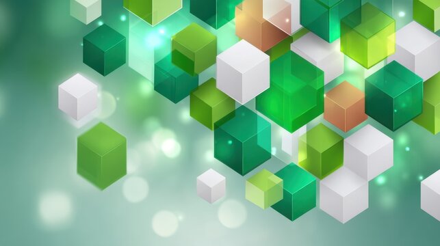 Abstract composition of green and white cubes with soft glowing background effects