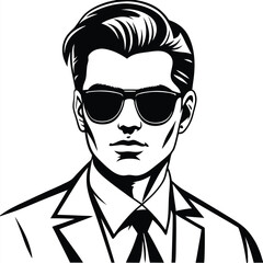 Striking black line portrait shows a serious man in a suit with sunglasses