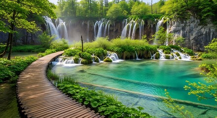 Lush Green Forest Waterfall Pathway Serene Nature Scene.