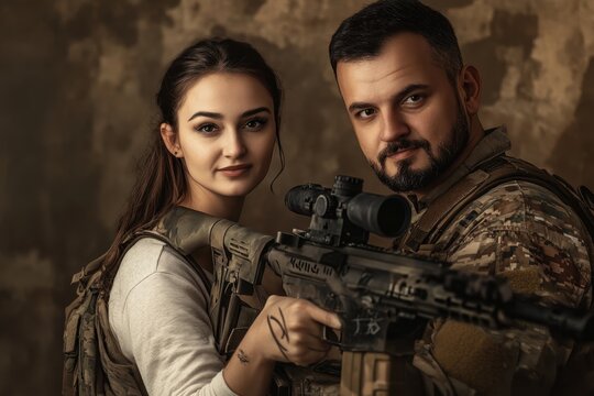 Military personnel and a young woman pose together with a firearm in a tactical setting