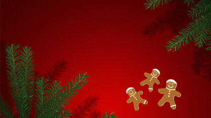 Christmas tree branches and gingerbread on a red background