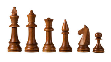 Wooden chess pieces king queen bishop knight pawn isolated on a transparent background