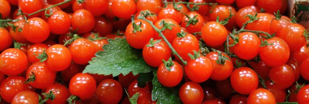 Fresh, vibrant red cherry tomatoes cluster closely together on stems and leaves, showcasing a bountiful harvest.