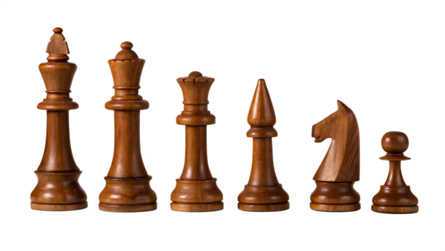 Wooden chess pieces king queen bishop knight pawn isolated on a transparent background