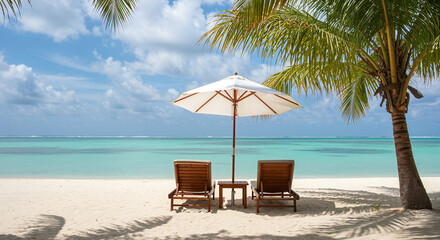 Obraz premium Wide shot of a beach with chairs and umbrella. 