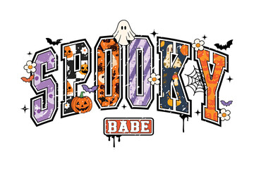 Spooky Babe distressed text Cute Halloween T-shirt Design. Retro groovy typography with ghosts and bats for festive spooky season apparel