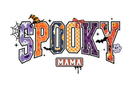 Spooky Mama Retro Halloween Design. Groovy varsity font for a mom's t-shirt or sublimation. Spooky season graphic with ghosts and pumpkins