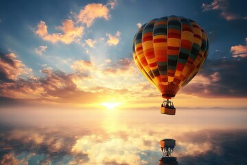 Colorful hot air balloon floats over serene lake at sunrise with vibrant sky reflections