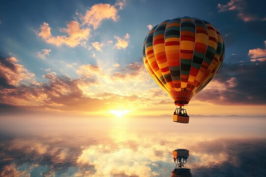 Colorful hot air balloon floats over serene lake at sunrise with vibrant sky reflections