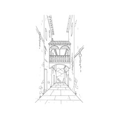 Minimalist line drawing of a narrow old town alley with a traditional balcony. Hand-drawn ink sketch of a European street scene.

