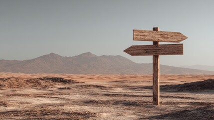 Weathered wooden signpost with directional arrows in a desolate desert landscape