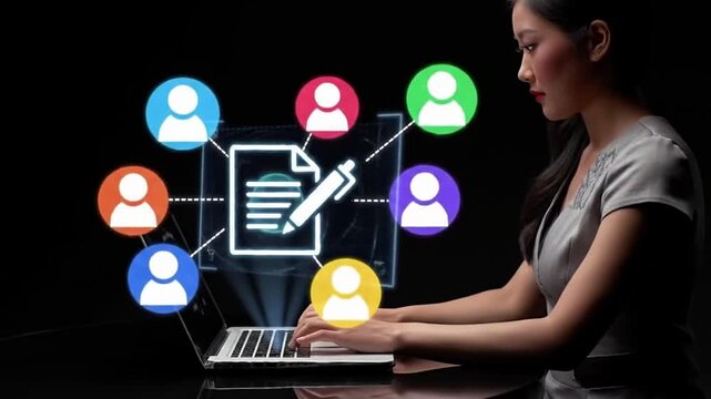Document collaboration and file sharing. Team work and collaborative editing in document management solutions. Businessman using laptop computer for document synchronization.