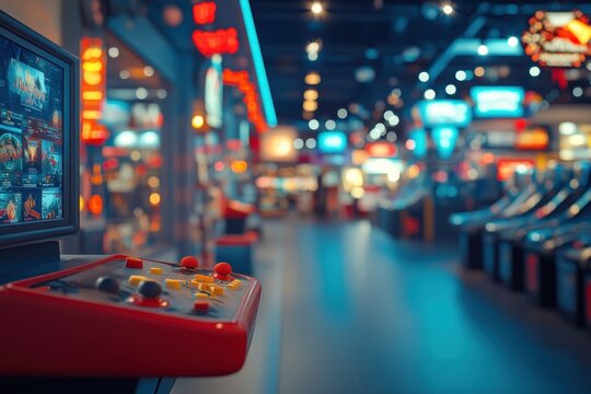 An arcade game console illuminated by vibrant lights in a bustling entertainment center - Powered by Adobe