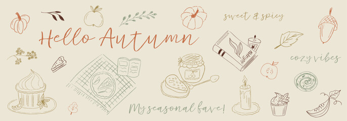 Harvest cottagecore texture doodle banner for autumn and thanksgiving design. Harvest autumn fall doodle.