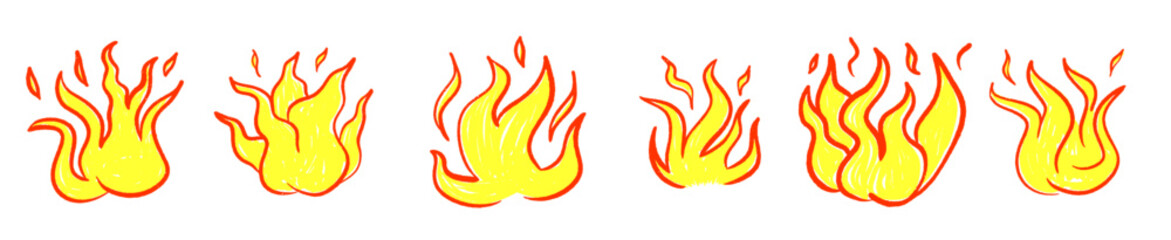 Fire hand drawn crayon texture set. Scribble flame fire crayon or charcoal texure on white background