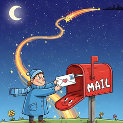 A whimsical, cartoon-style depiction of a person mailing a letter to a friend in a faraway country, with a shooting star trail showing the letter's path across the sky.