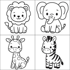 Adorable cartoon jungle animals set featuring lion elephant giraffe and zebra for kids
