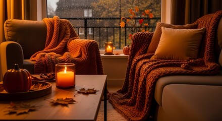 Cozy autumn living room scene with warm blankets, lit candles, and pumpkins, set against a rainy window view.