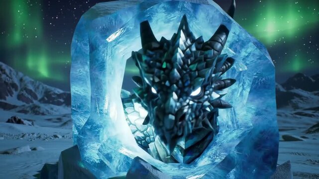 Dragon head encased in ice with aurora borealis in the background