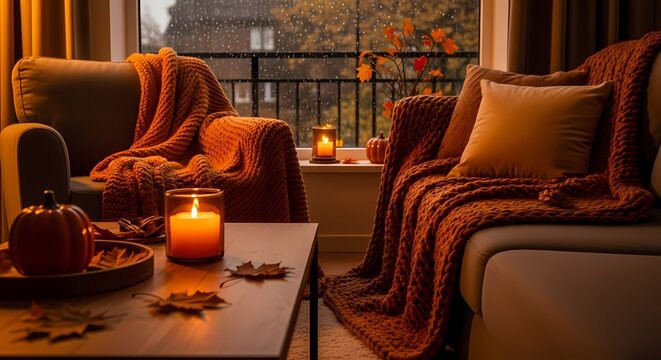 Fototapeta Cozy autumn living room scene with warm blankets, lit candles, and pumpkins, set against a rainy window view.
