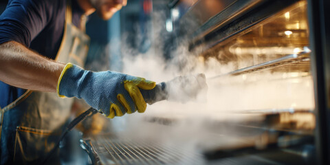 Professional technician using high-temperature steam for oven cleaning.