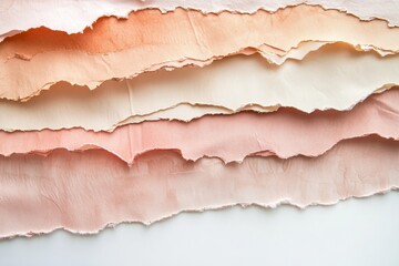 Fototapeta premium Layered, torn paper sheets in a soft peach and beige color palette, creating a serene and textured aesthetic.