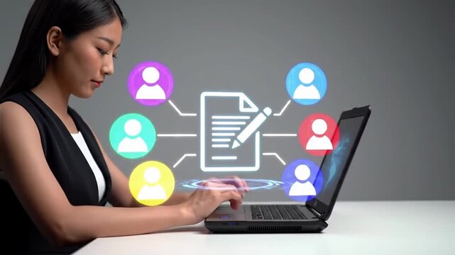 Document collaboration and file sharing. Team work and collaborative editing in document management solutions. Businessman using laptop computer for document synchronization.