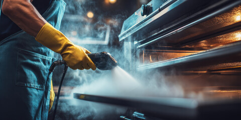 Professional technician steam cleaning a commercial kitchen oven with high temperature