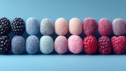 Frozen berries in a spectrum of pastel colors, arranged in a horizontal row against a light-blue background