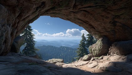 Cave opening onto mountain vista