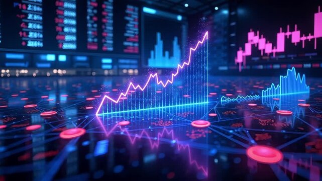 Rising stock market chart pulsing with data, showing upward economic trend in the financial sector