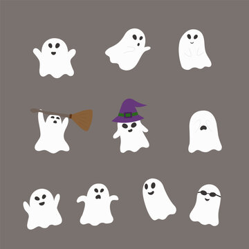 Set of scary white cute ghost characters in cartoon style flat design for halloween festival, Vector illustration