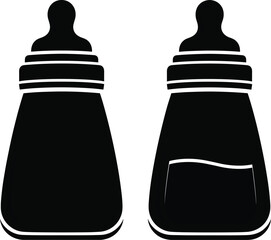 Vector illustration of baby milk bottles in solid black style, feeding container icons for infant care, nutrition, parenting and childcare designs