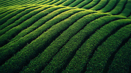 Fototapeta premium tea plantation in early morning, graceful green lines of the tea farm in the morning,Generative ai