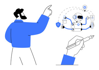 Man pointing at robot performing multiple tasks thumbs up security, gear setup, and data handling while hand writes. Ideal for AI development, automation, tech innovation, brainstorming, creativity