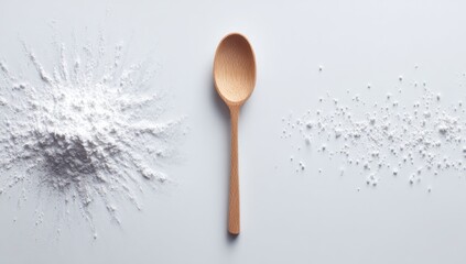 Powdered substance & light wood spoon on a white surface with splatters