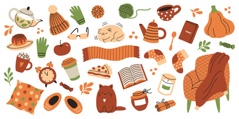 Autumn cozy set of elements. Warm fall collection with tea, coffee, blanket and cat and soft armchair. Vector flat cartoon illustration
