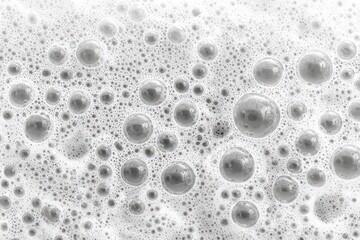 Close-up of white soapy foam with various-sized bubbles, creating an abstract texture. Light reflects on the bubbles