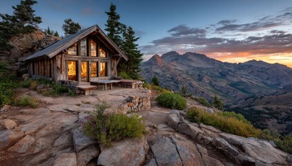 Rustic mountain hut at sunset. Rocky mountaintop vista