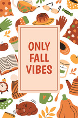 Autumn banner for social media.Warm fall collection with tea, coffee, blanket and cat and soft armchair. Vector flat cartoon illustration