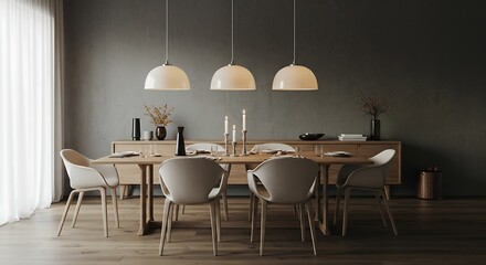 Modern dining room features a wooden table with chairs and pendant lights against a dark gray wall, creating a stylish and inviting atmosphere for gatherings.
