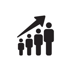 A graphic showing growth with stick figures and an arrow pointing upwards on a white background plain