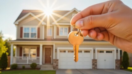 Hand holding house key with sunlight shining behind home exterior   - Powered by Adobe