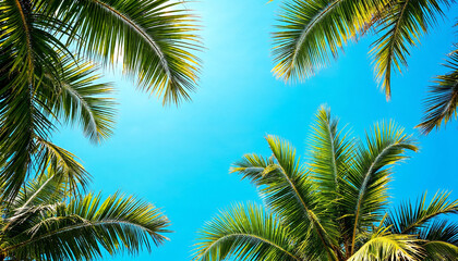 Low-angle view of palm trees against a clear blue sky.
