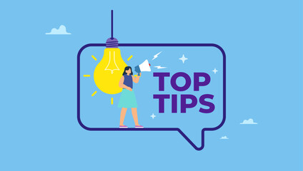 Woman talk on megaphone on top tips speech bubble. Did you know, fun fact, idea or advice message, useful knowledge or wisdom, expert information, explanation or solution, useful tips.