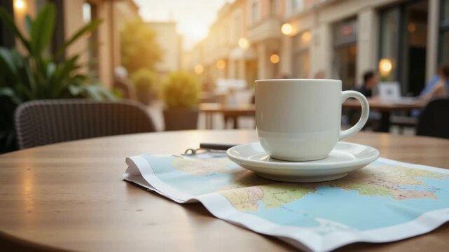 Coffee cup on map at outdoor caf&eacute; table during sunset  