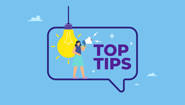 Woman talk on megaphone on top tips speech bubble. Did you know, fun fact, idea or advice message, useful knowledge or wisdom, expert information, explanation or solution, useful tips.