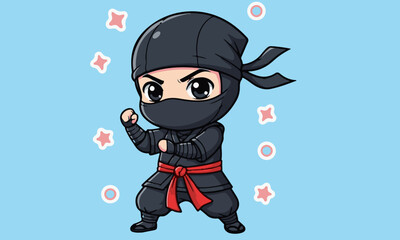 Chibi Ninja in Fighting Stance with Kawaii Stars